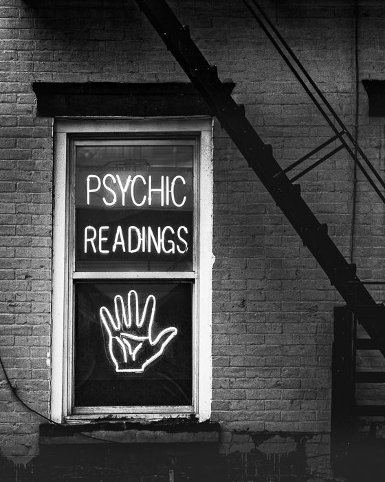 photograph by Bryan Hatchett, copyright, Bryan Hatchett, black & white photograph, fortune telling, psychic readings window, Second Avenue, New York City