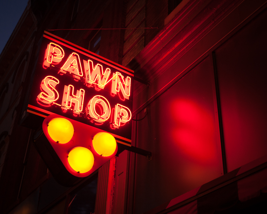 photograph by Bryan Hatchett, copyright, Bryan Hatchett, color photograph, pawn shop, Broad Street, Richmond, Virginia, night photography