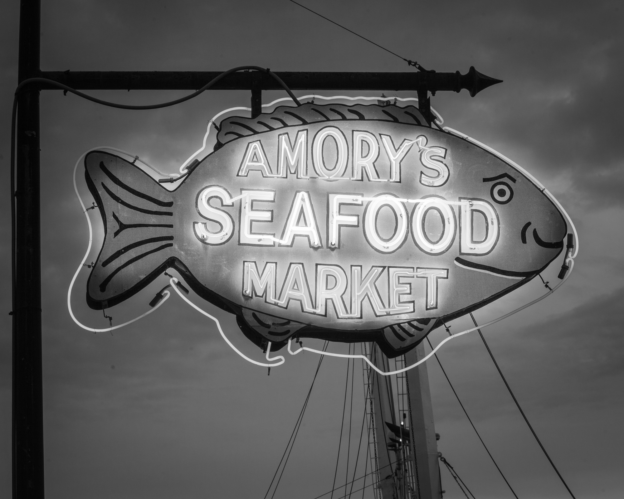 photograph by Bryan Hatchett, copyright, Bryan Hatchett, black & white photograph, Amory Seafood Market sign, Hampton, Virginia, night photography