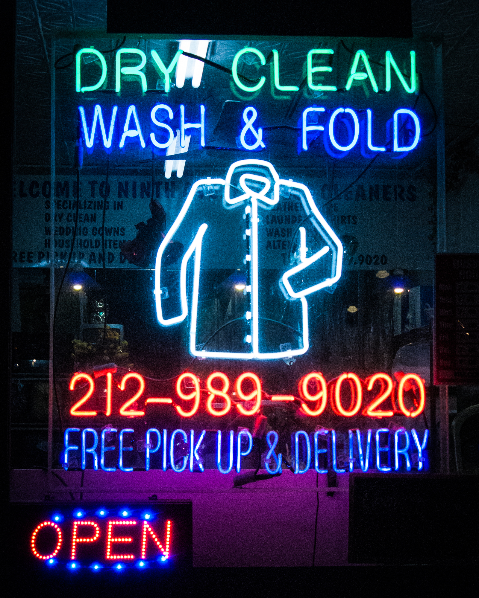 photograph by Bryan Hatchett, copyright, Bryan Hatchett, neon sign dry cleaner, New York City, night photography