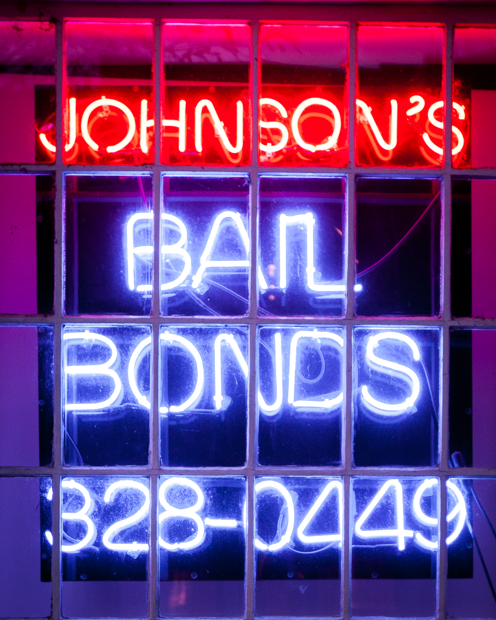photograph by Bryan Hatchett, copyright, Bryan Hatchett, color photograph, Johnson's Bail Bonds sign, Broad Street, Richmond, Virginia