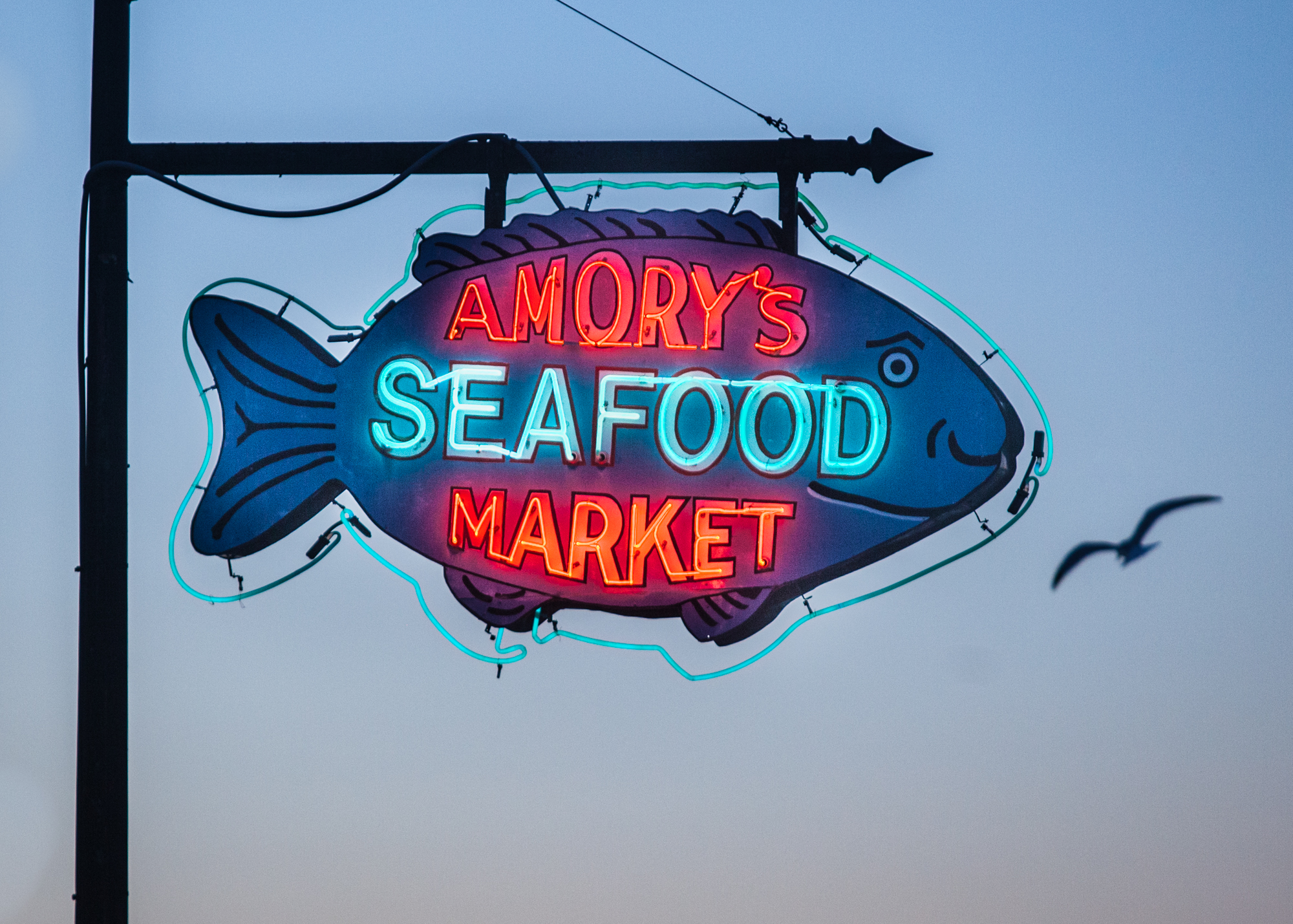 photograph by Bryan Hatchett, copyright, Bryan Hatchett, color photograph, Amory sign, Hampton, Virginia, January 7, 2013, neon sign