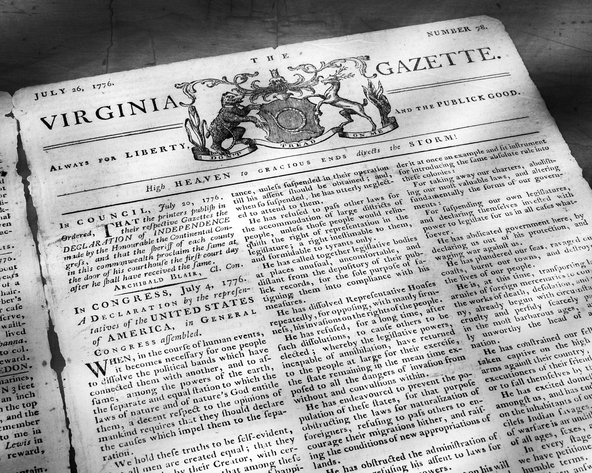 photograph by Bryan Hatchett, copyright, Bryan Hatchett, black & white photograph, Virginia Gazette, July 26, 1776, with the Declaration of Independence on the first page (also available in color)