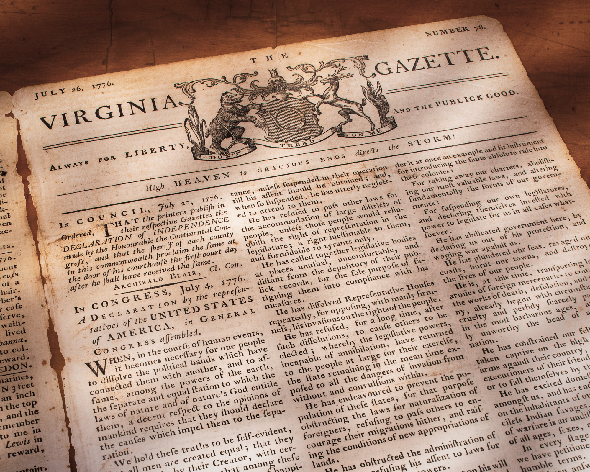 photograph by Bryan Hatchett, copyright, Bryan Hatchett, color photograph, Virginia Gazette, July 26, 1776, with the Declaration of Independence on the first page (also available in b&w)