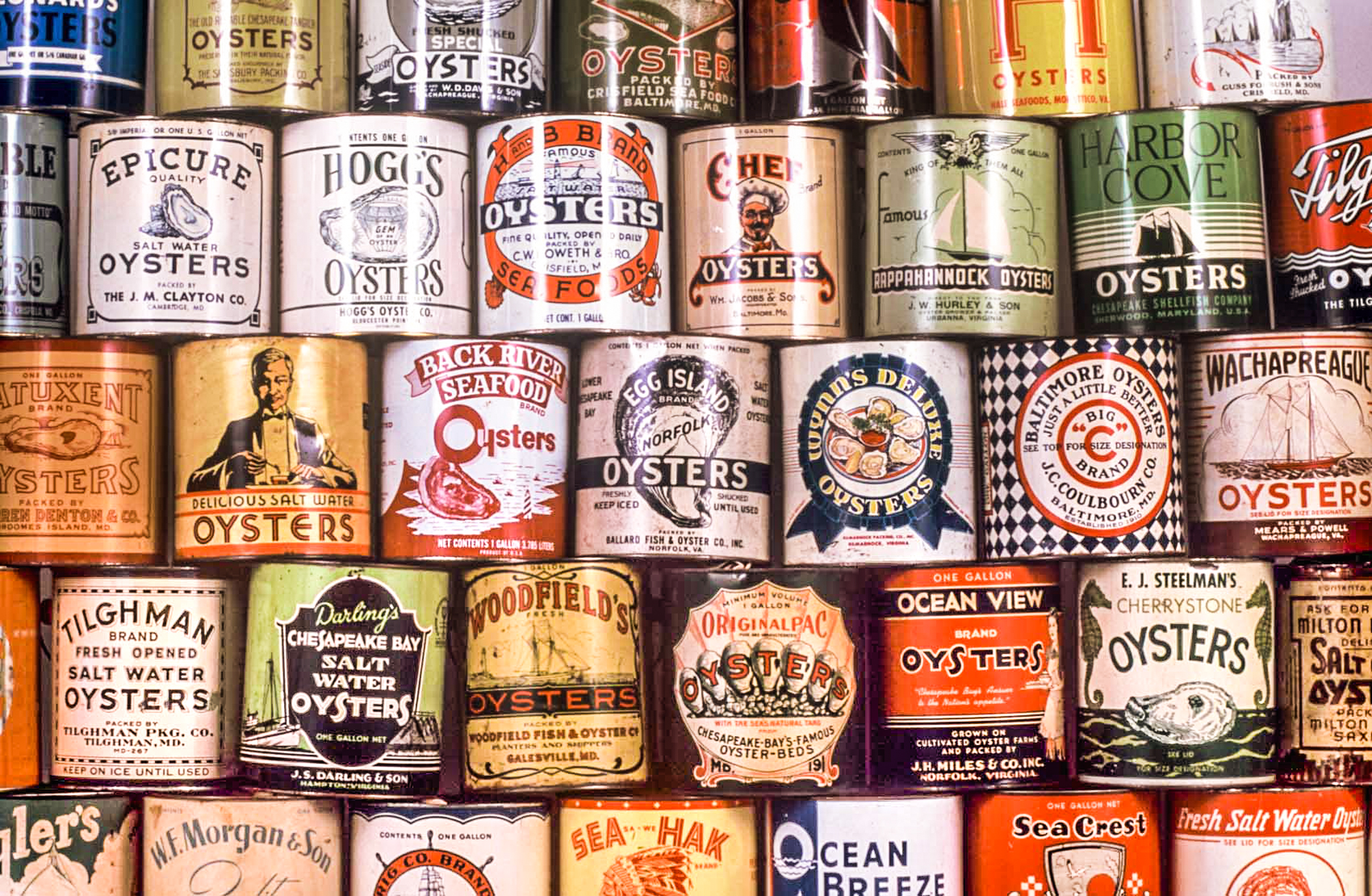 photograph by Bryan Hatchett, copyright, Bryan Hatchett, color photograph, oyster cans, Chesapeake Bay Museum, St. Michaels, Maryland
