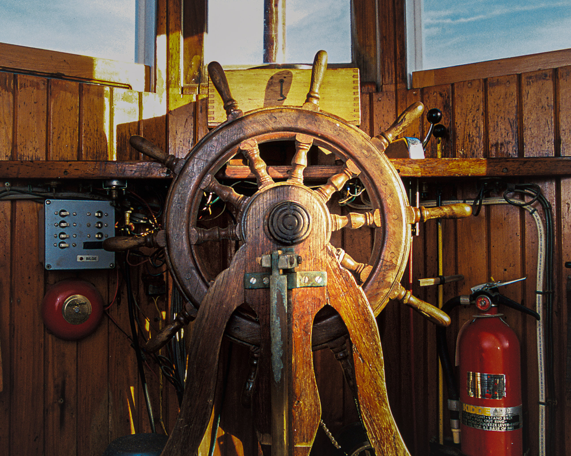photograph by Bryan Hatchett, copyright, Bryan Hatchett, color photograph, wheelhouse of the Ella K, Chesapeake Bay deck boat